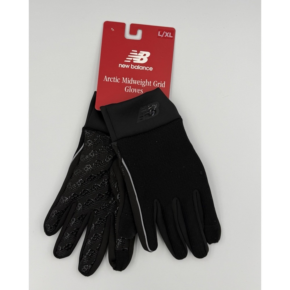 NWT NEW BALANCE MEN'S ARCTIC MIDWEIGT GRID GLOVES BLACK L/ XL TOUCH-TIPS LOGO
